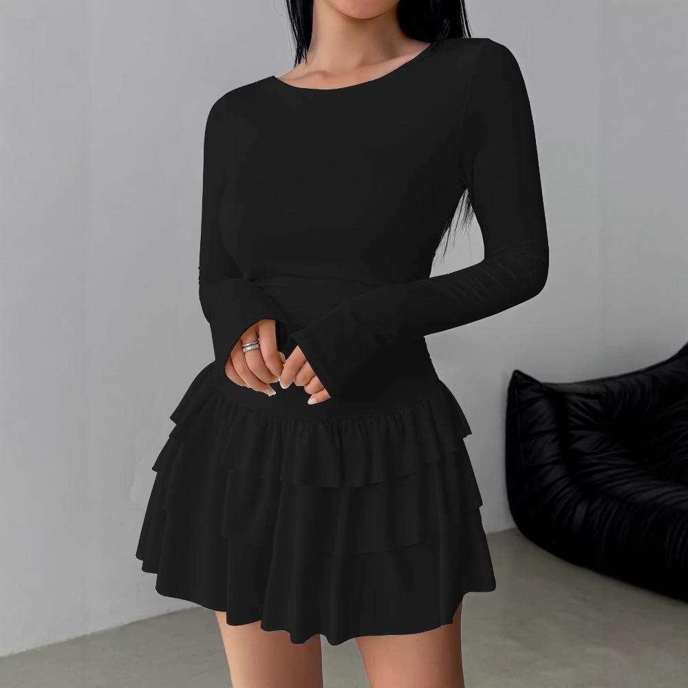 Bequemes dehnbares Bodycon-Kleid für Damen, Stufenkleid mit Rüschensaum und ausgestellten Ärmeln, Schickes Minikleid für den ganzen Tag & Veranstaltungen