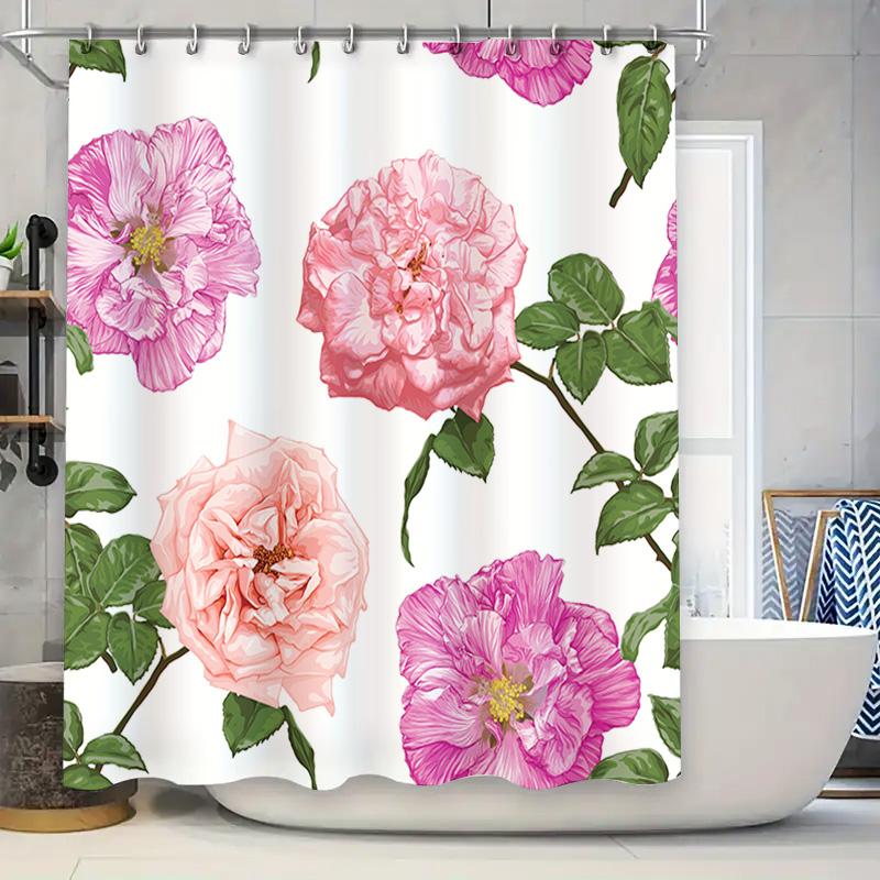 

Beautiful Floral Shower Curtain Set Bathroom Decor Waterproof Polyester Bath Mat Tones Pink Purple White Green Leaves Flowers 3D W60H190(CM)-1 Pcs