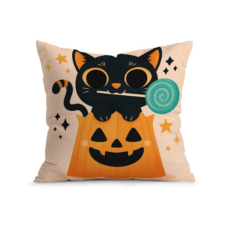 Home Decor Cute Black Cats with Pumpkins and Lollipops Pattern Cushion Cover Suitable for Sofa Bedroom Car Pillow Cover