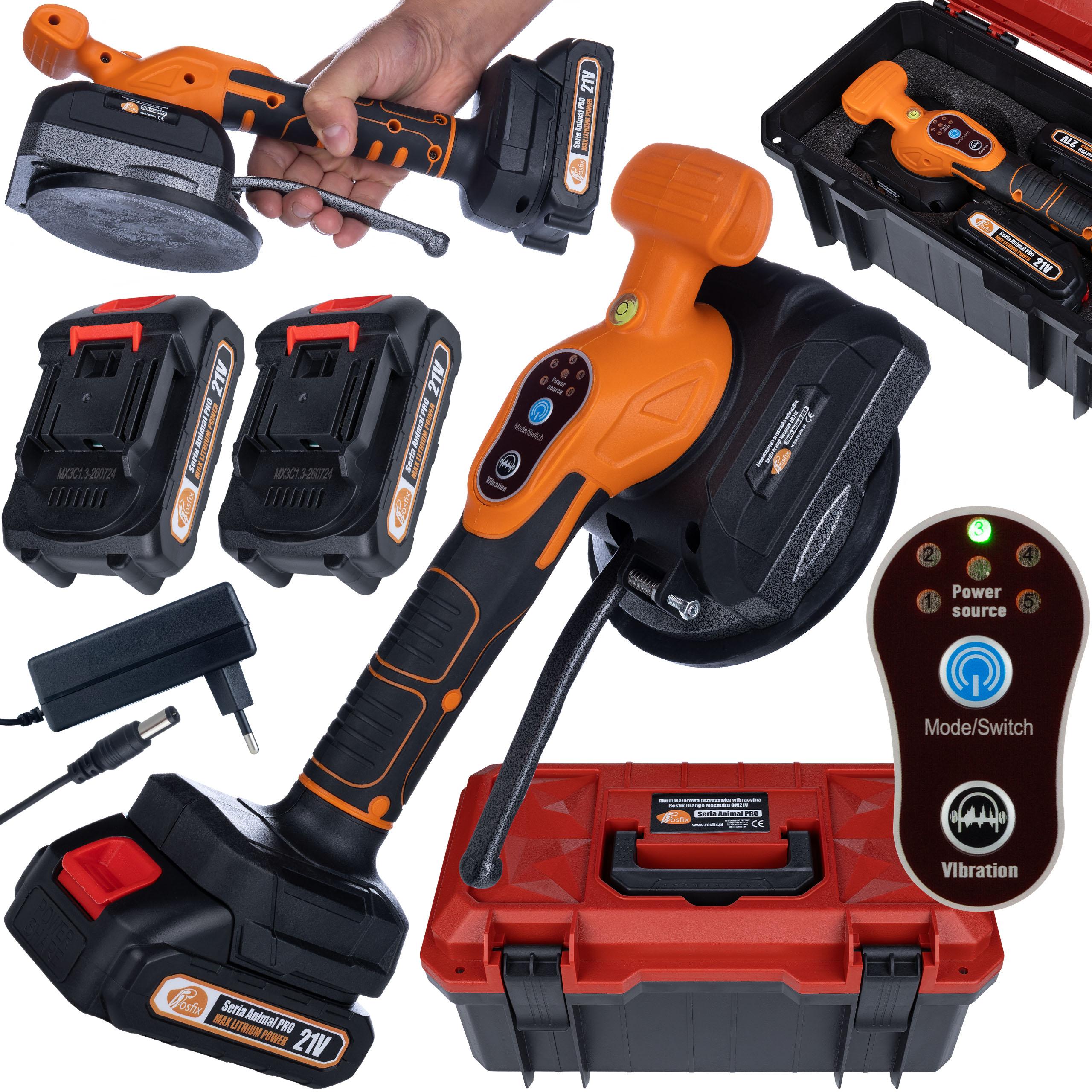 

Rosfix Akumulatorowa Przyssawka Wibracyjna Orange Mosquito OM21V – Wibracyjne Układanie Płytek | 21V, 800W, 120kg | Dwa Akumulatory Max Lithium Power