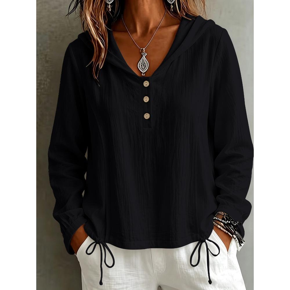 Herbst Winter Mode Lässig Einfarbig Knopf Kapuze Langarm Hemd Damen Oberteil Bluse