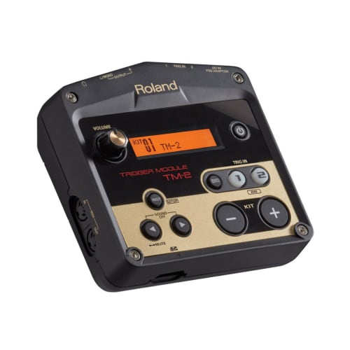 Roland TM-2 Trigger Module, a hybrid drum sound module ideal for live performance and practice. Supports SD card and battery operation, with two trigg