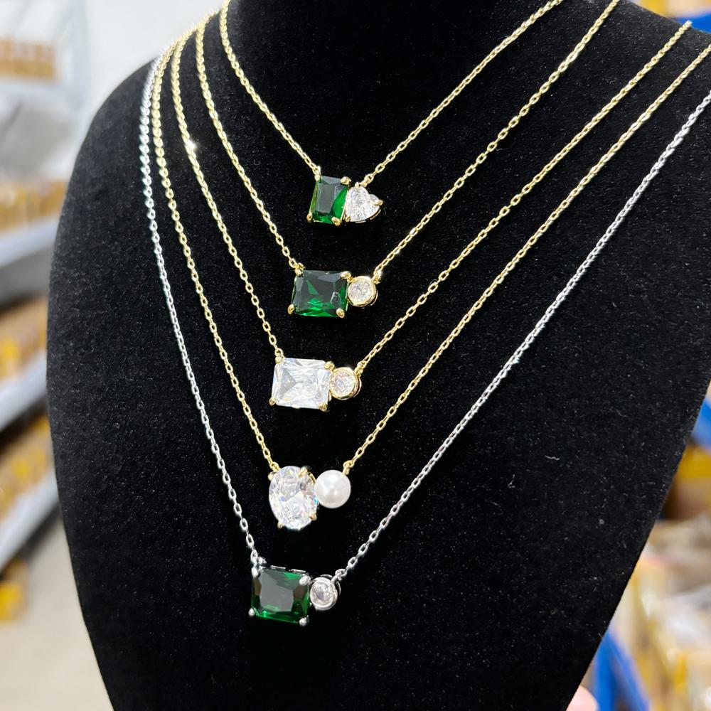 Women 18K Gold Plated Square Oval Heart Green Crystal Cubic Zirconia Dainty Choker Necklace New Fashion Gold Necklaces for Lady
