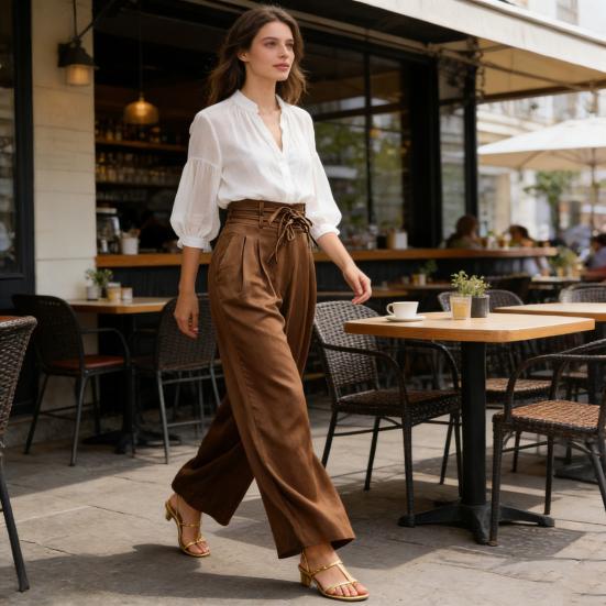 Women Pants High Waist Lace-up Casual Wide Leg Trousers with Pockets Pure Color Design Loose Fit Long Pants Daily