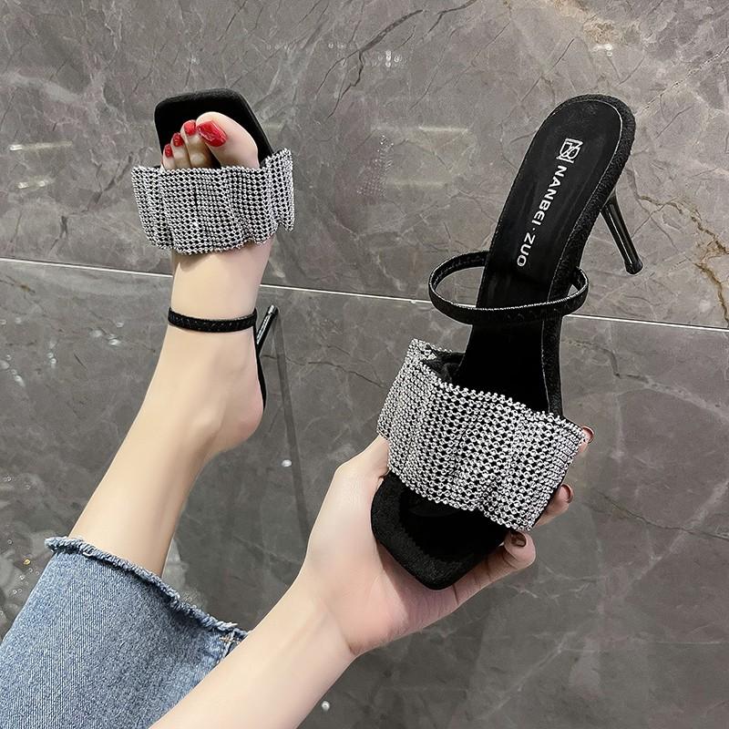 

Модные сандалии, женские туфли-лодочки с открытым носком, женская обувь на шпильке, новые летние сандалии на высоком каблуке со стразами в сказочном стиле с квадратным носком