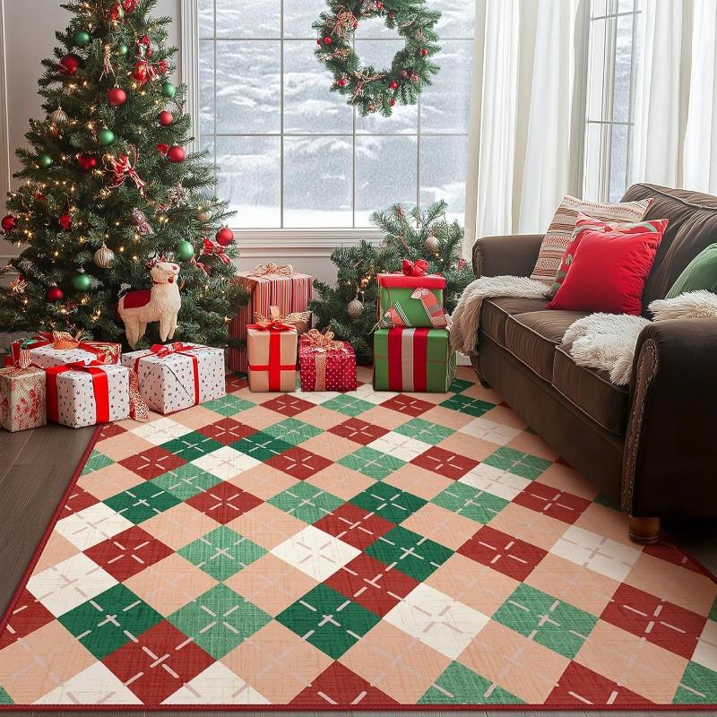 Christmas Santa Reindeer Snowflake Gift Red Green Festive Carpet Soft Non-slip Mat Rug for Living Room Home Decoration Durable