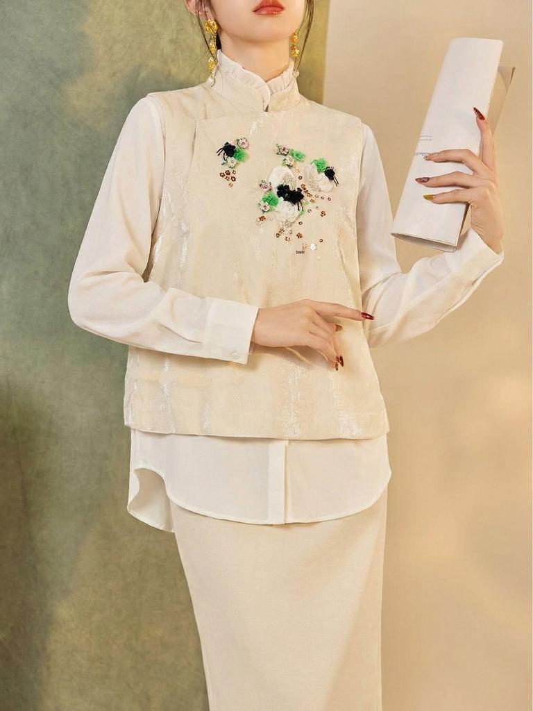 White Beaded Embroidery Vest with Stand-up Collar Shirt and Skirt - New Chinese Style Suit for Women, NZ019