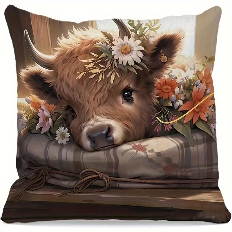 Highland Cow Throw Pillow Cover 1pc, Daisy Cow Pillowcase with Summer Floral Decor, Spring Flower Highland Cow Decorative Cushion