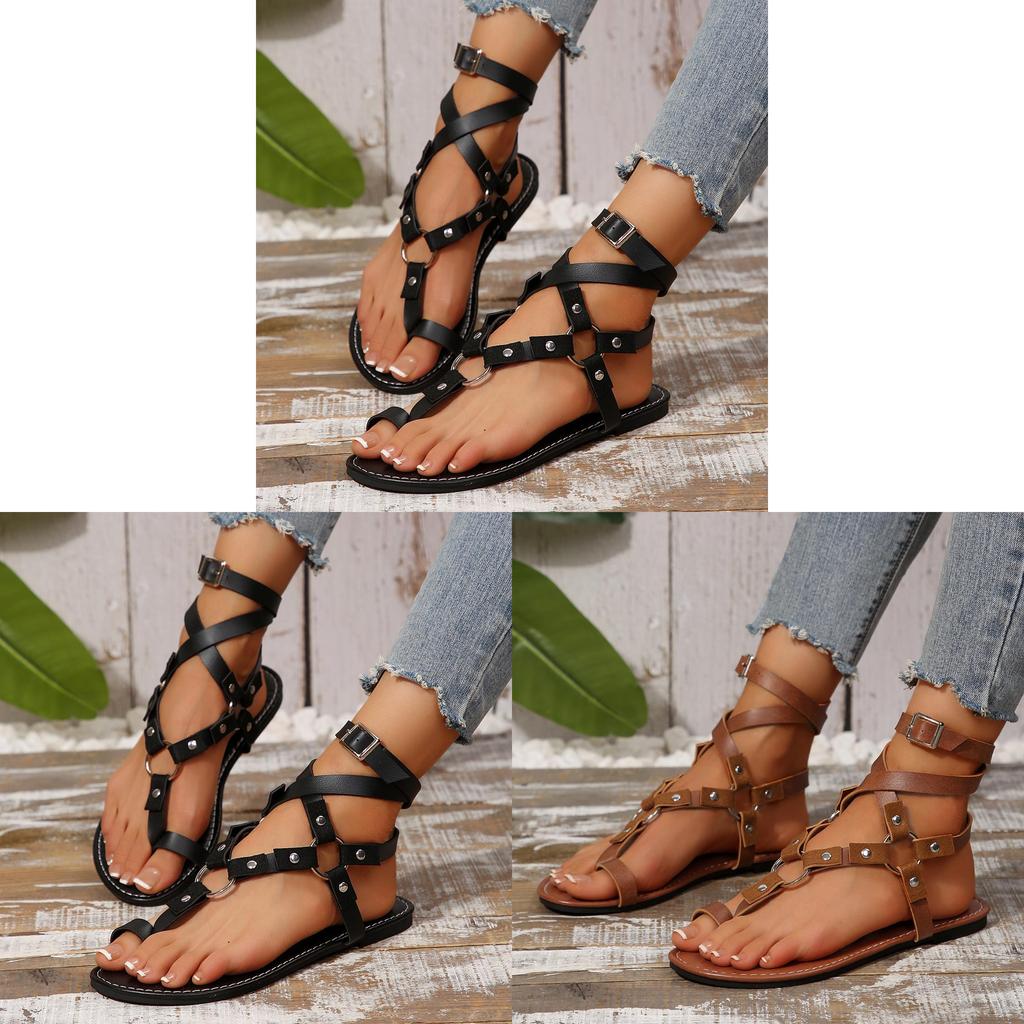 Womens Pu Strappy Sandals With Metal Buckles And Rivets For Beachwear