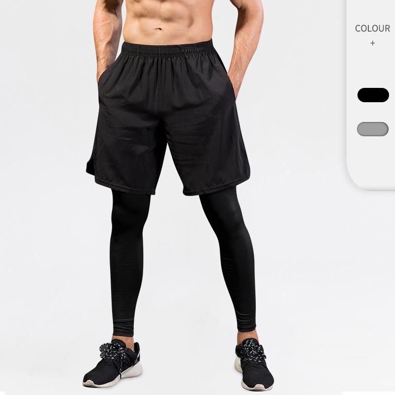 Men's Tight Pants Fake Two Piece Fitness Active Pants & Tights Exercise Running Training Casual Elastic Speed Drying Pants 7010