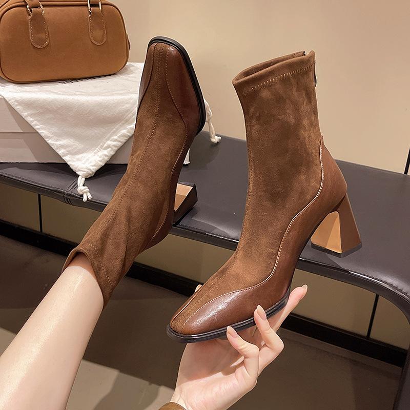 Maillard Fashion High Heel Short Boots Women's Retro Suede Splicing Autumn and Winter Coarse Heel Martin Boots Elastic Skinny Boots