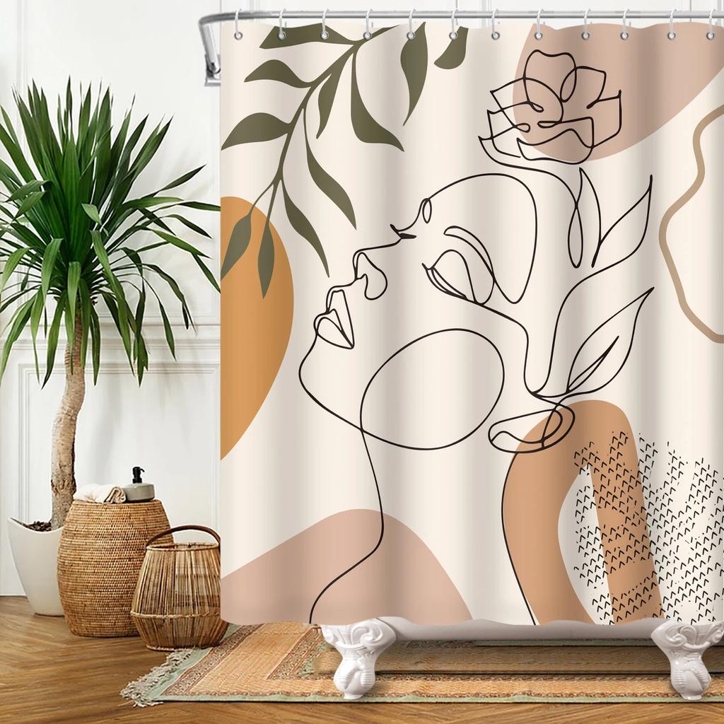 Nordic Wind Boho Shower Curtain for Bathroom Abstract Mid Century Modern Minimalist Geometric Arch Beige Bohemian Bath Curtain