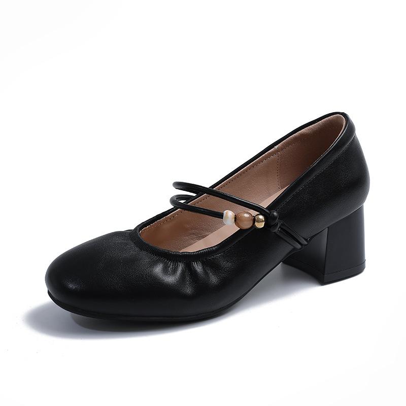 Mary Jane women's shoes 2025 spring and autumn new thick heel shallow mouth single shoes women's medium heel soft leather French temperament small lea