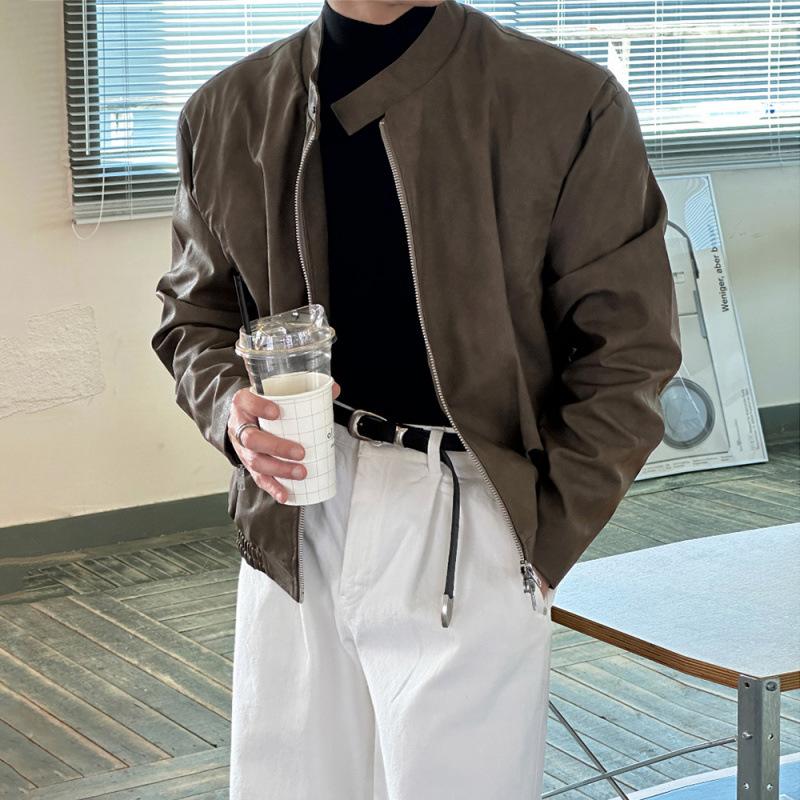 

Кожаная куртка с воротником-стойкой для мужчин на осень и зиму, свободная мотоциклетная кожаная куртка в корейском стиле 2XL коричневый