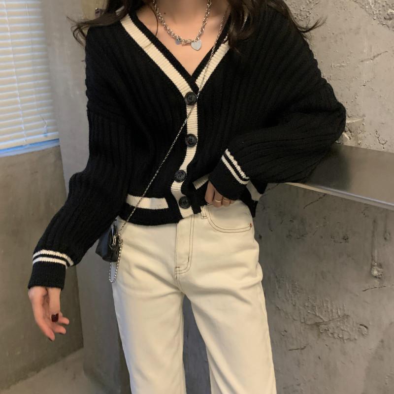 

Ранняя осень новая мода свободный и универсальный V-образный вырез контрастного цвета кардиган с длинными рукавами вязаный свитер топ женский тренд 6790# one size fits all чёрный