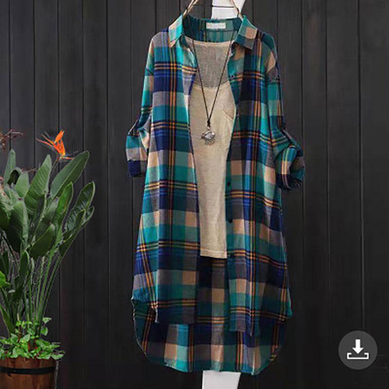 Damen Hemd mit Knöpfen Elegant Chic Damen Oberteil Kariert Vintage Leinen Langarm Chinesische Hemden Blusen Kleidung