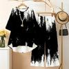 Women Plus Size Round Neck Mid Sleeve Printed Asymmetrical Top Wide Leg Pants Two Piece Set