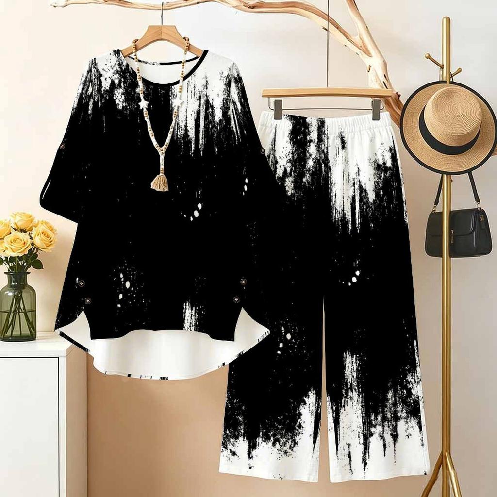 Women Plus Size Round Neck Mid Sleeve Printed Asymmetrical Top Wide Leg Pants Two Piece Set