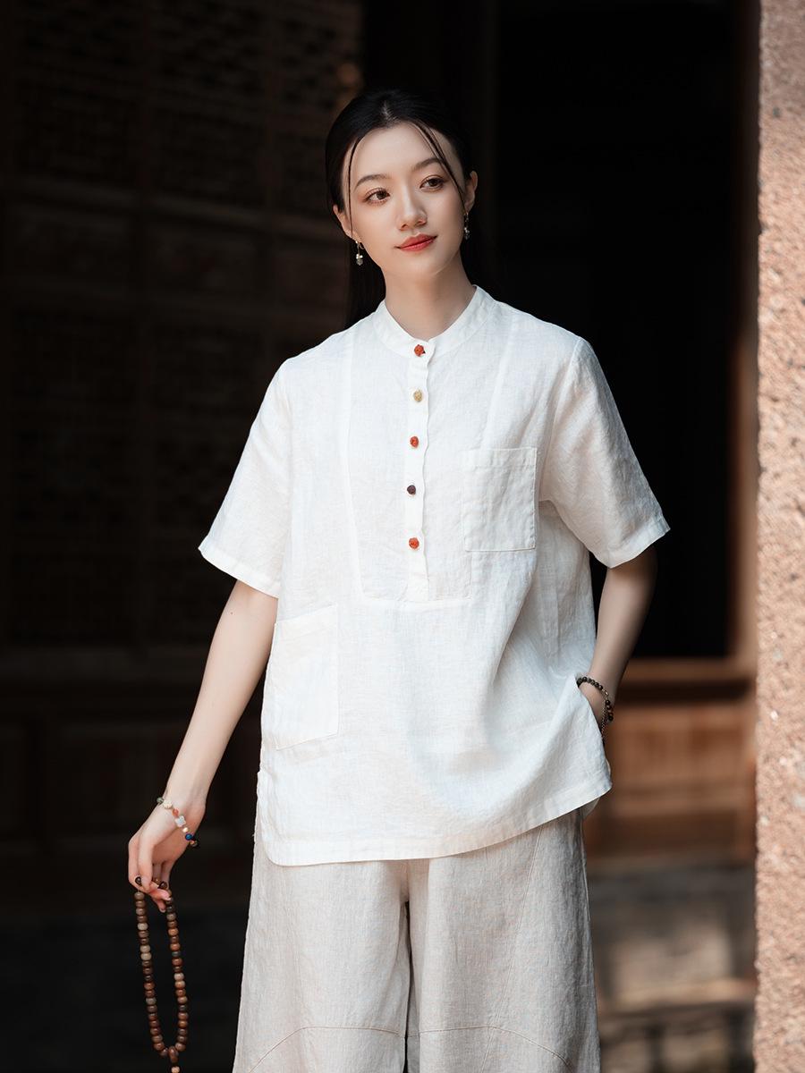 Women s Short Sleeve Linen Shirt with Stand Collar & Frog Button - Chinese Style, Color Block, Retro Artistic Design White (Pure Linen)