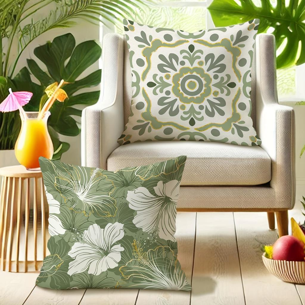 Green and White Spring Hibiscus Flower PillowcaseSuitable for Sofa Car Bedroom Decorative Cushion Cover Pillow Cover