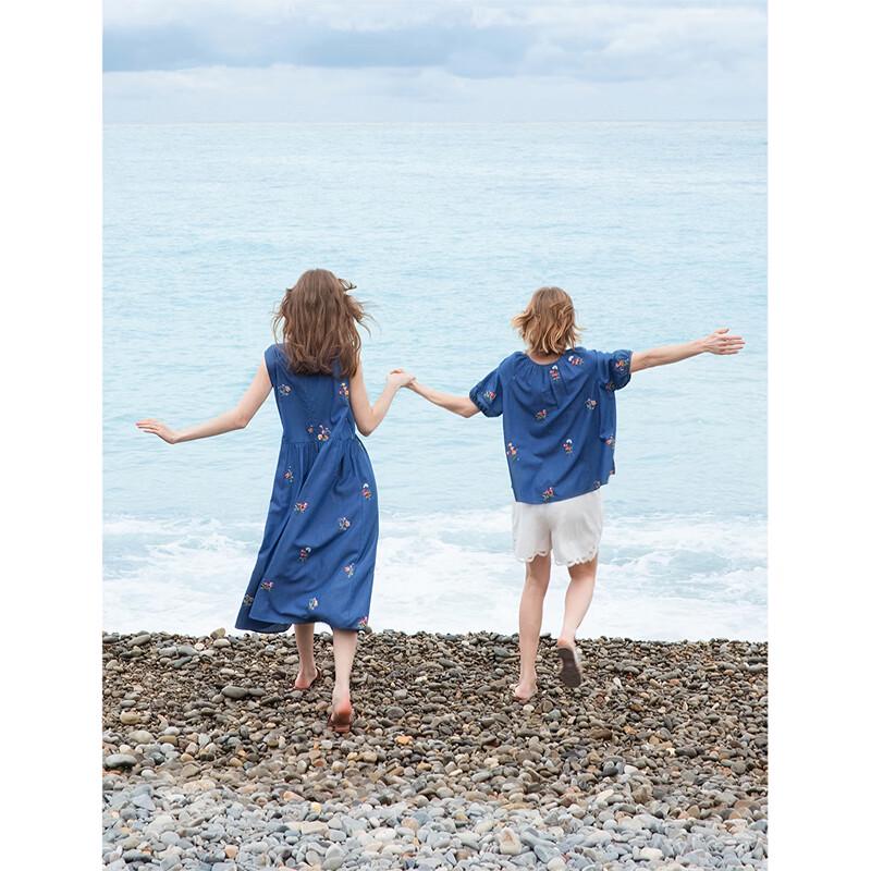 INMAN Women's Embroidered Floral Raglan Sleeve Tassel Tie Shirt