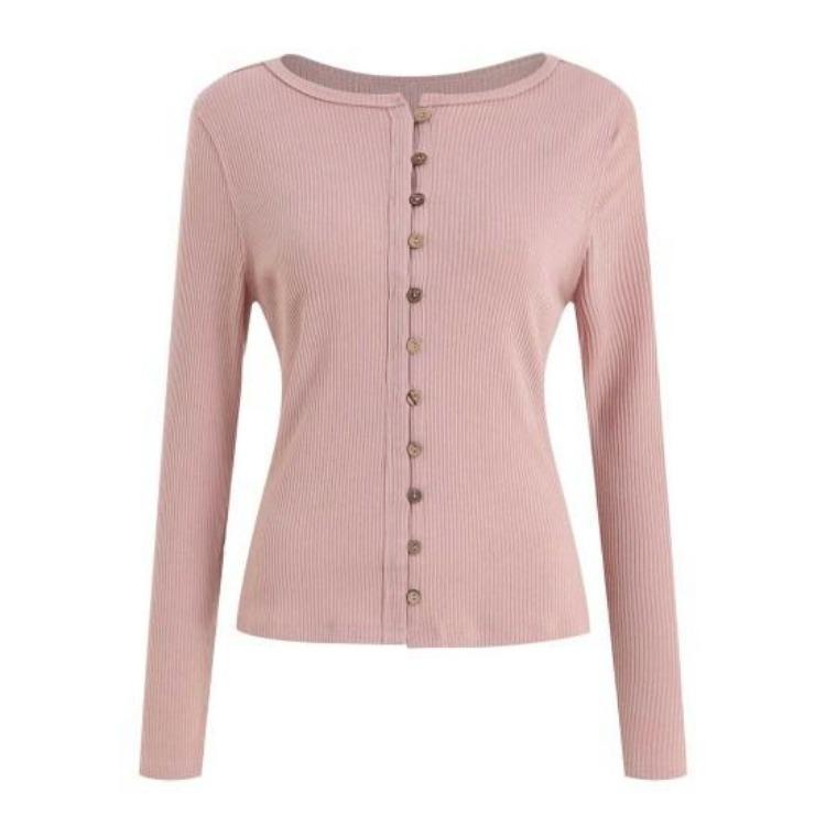 Slim Fit Ribbed Cardigan for Women Button Front Long Sleeve Round Neck Knitting Top S