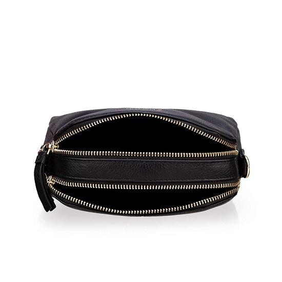 Noora Black Leather Mini Crossbody Sling Bag for Girls and Women & Double Zip Closure with Adjustable Straps
