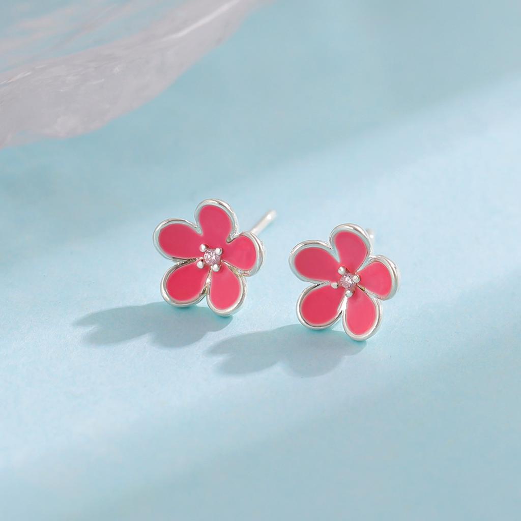 Cute Literary Flower 925 Sterling Silver Pink Epoxy Crystal Stud Earrings