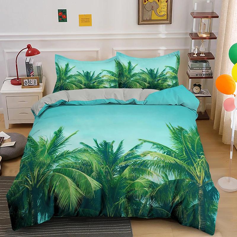 Tropical Botanical Leaves King Queen Duvet Cover Green Palm Leaves Polyester Bedding Set for Kids Teens Adults with Pillowcase