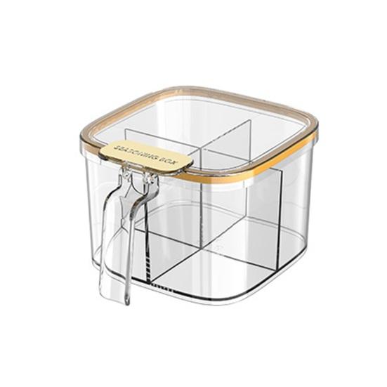 4-Fächer-Gewürzbox mit Schnappdeckel Löffel Transparenter Gewürzbehälter Stapelbarer Kunststoff Küchenorganizer für Salz Zucker Gewürze