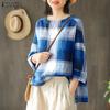 ZANZEA Women Casual Round Neck Plaid Print Long Sleeve Cover Up Tee Tops