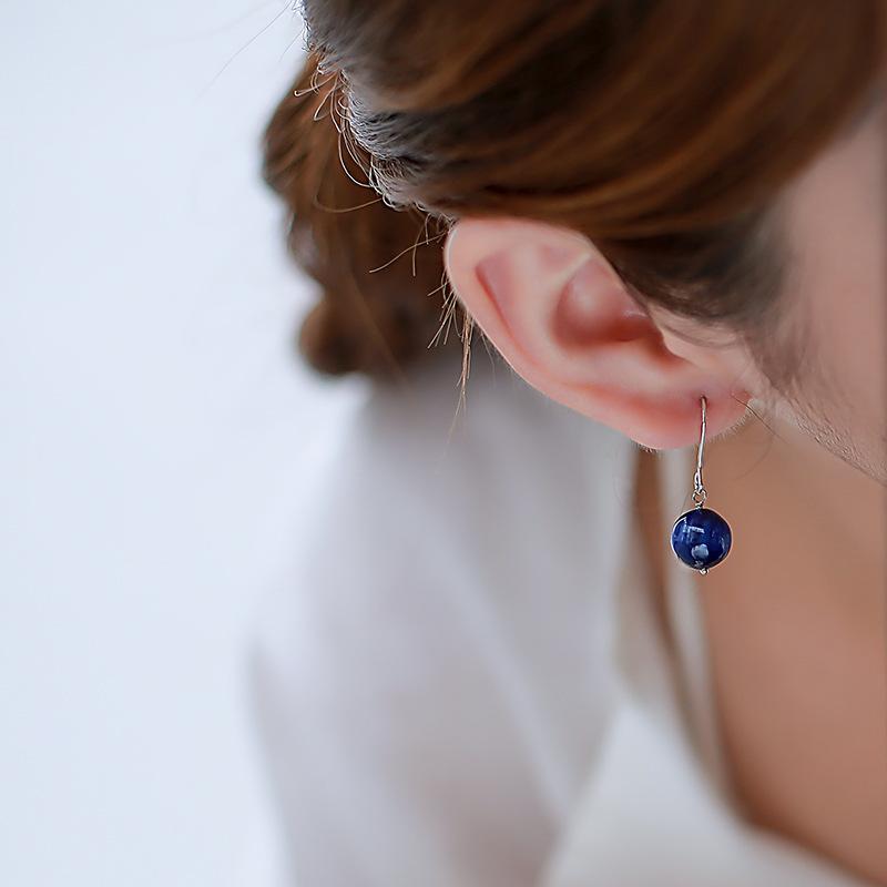 Blue Crystal Stone Silver Earrings for Women, Summer Niche Style, Ethnic Retro Simple Style Earrings, Ear Hooks