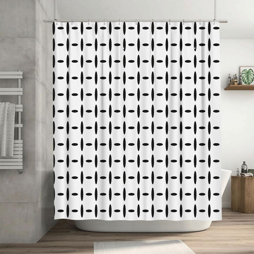 Modern Black White Shower Curtain with Long Tapes Decorative Pattern Waterproof for Bathroom (White Black)