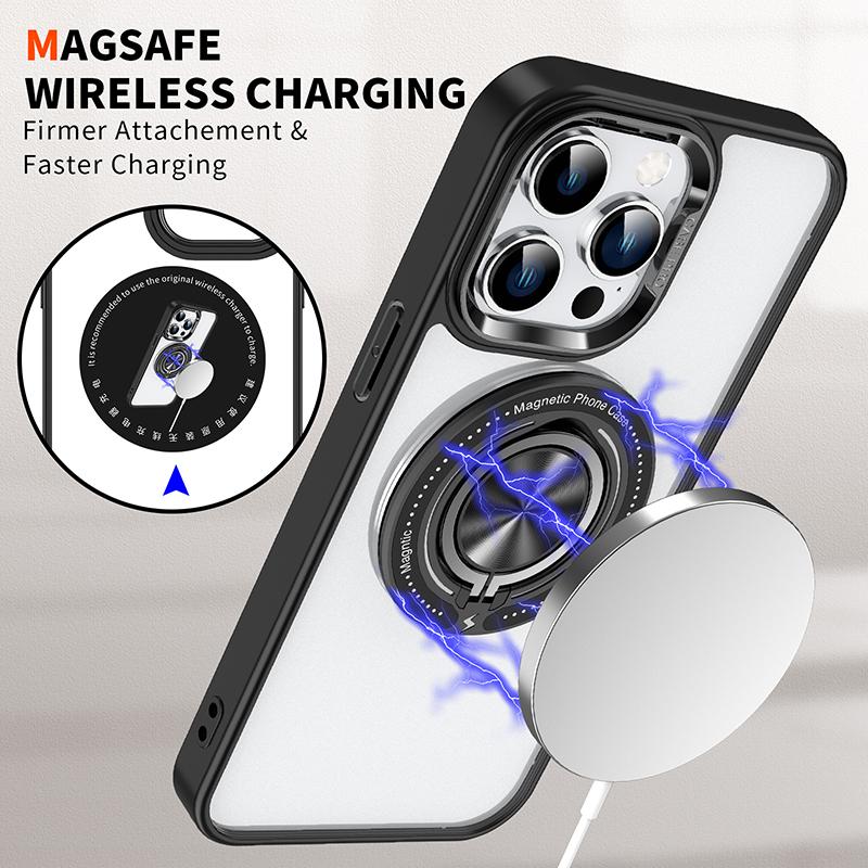 For Magsafe 360 ° Rotating Car Holder Ring Transparent Shockproof Phone Case For IPhone 15 14 13 12 11 Pro Max Bumper Back Cover