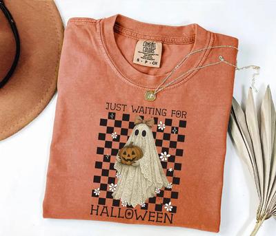 Just Waiting For Halloween Shirt, Checkered Ghost Comfort Colors Shirt, Cute Pumkin Halloween Gift Idea Shirt, Cottagecore Ghost T-shirt
