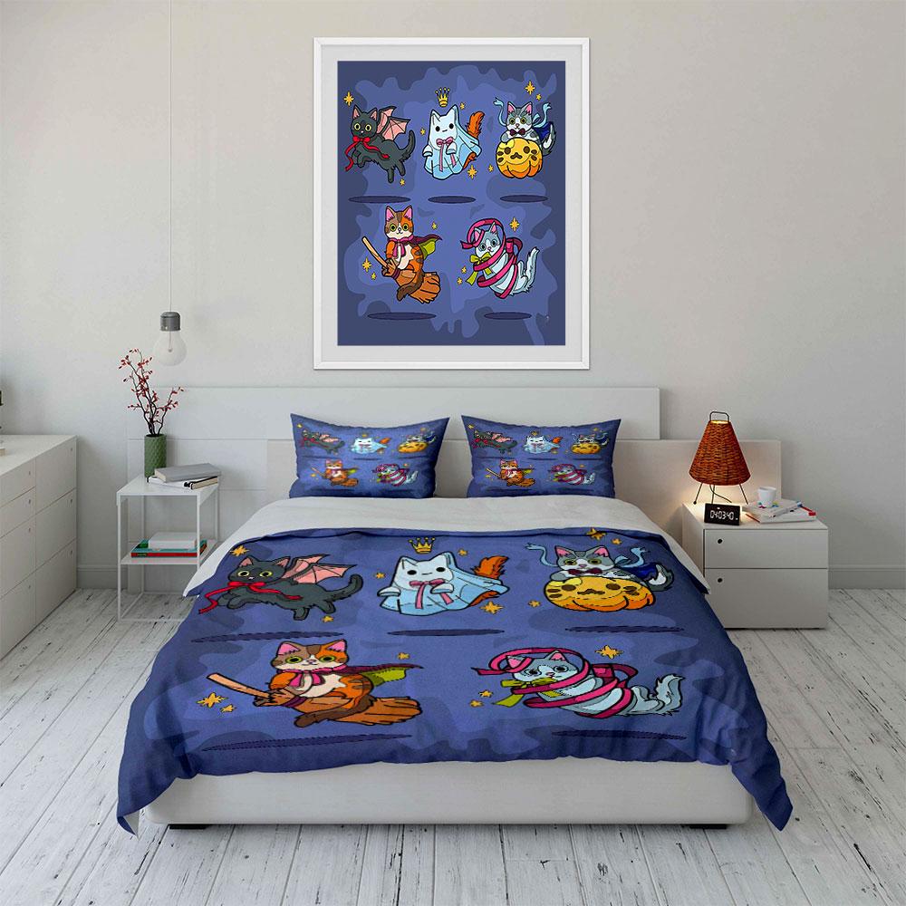 Halloween-Themed Cat Patterns Bedding Duvet Cover Set Duvet Cover Pillowcases  (1*Duvet Cover 2*Pillowcases, without duvet insert)