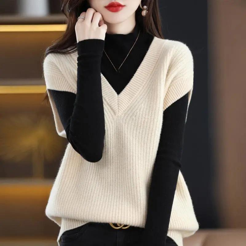 Autumn Winter Knitted Vest Women V Neck Shirt Loose Versatile Sleeveless Knitted Sweater Pullover