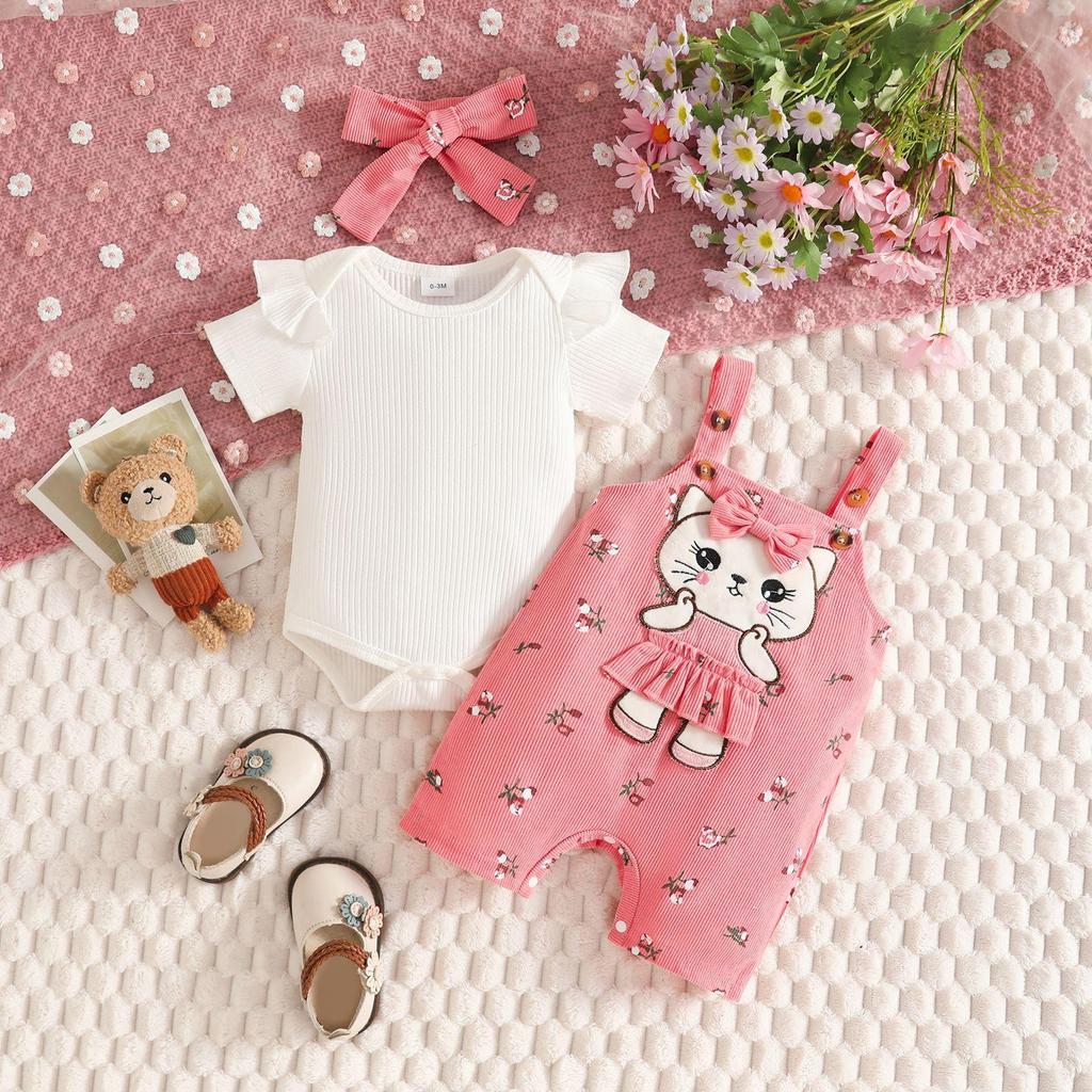 European & American Summer Baby Bodysuit + Cat Applique Floral Overalls & Headband Set