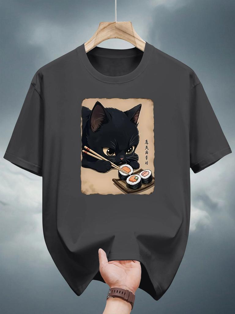 Japan Sushi Cat Unisex Unisex Pure Cotton Tshirt Outdoor Street Casual Sports Fashion Harajuku Y2k Retro Summer Short Sleeve Top
