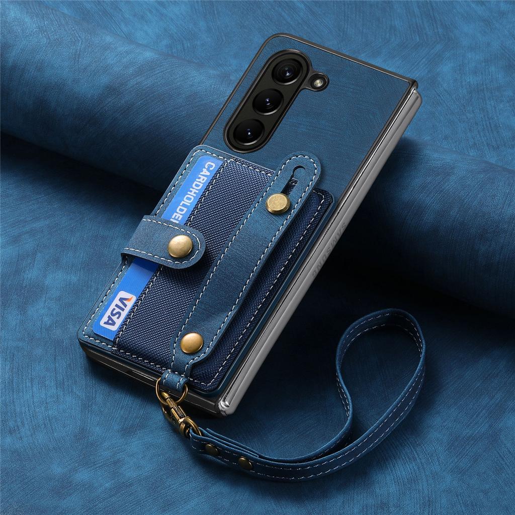 PU Leather Phone Case for Samsung Galaxy Z Fold 7 6 5 4 3 Zfold7 Zfold6 Card Storage Wallet Protective Cover with Lanyard XL003