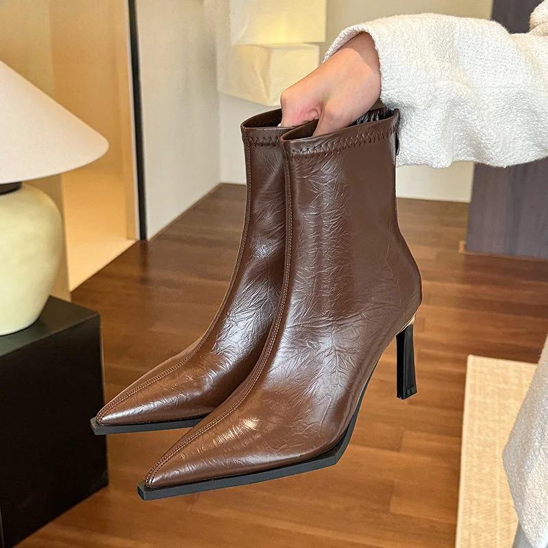 2025 New High Heel Women Ankle Boots Pointed Toe Autumn Winter Ladies Elegant Mordern Short Booties