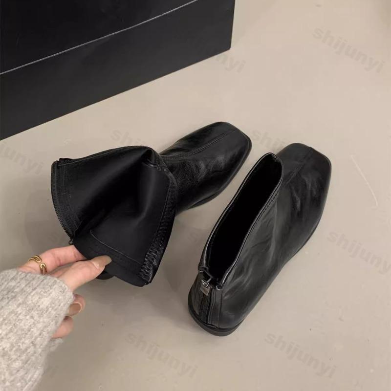 Women Ankle Boots Spring Autumn Fashion Square Toe Short Boot Ladies Casual Low Heel Shoes Leather Flats Shoes Mujer Botas