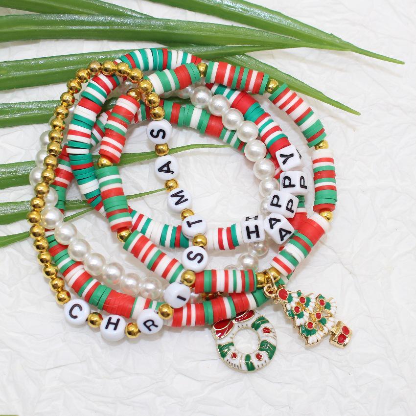 European & American Christmas Tree Letter Elastic Bracelets Set - Mixed Color Polymer Clay
