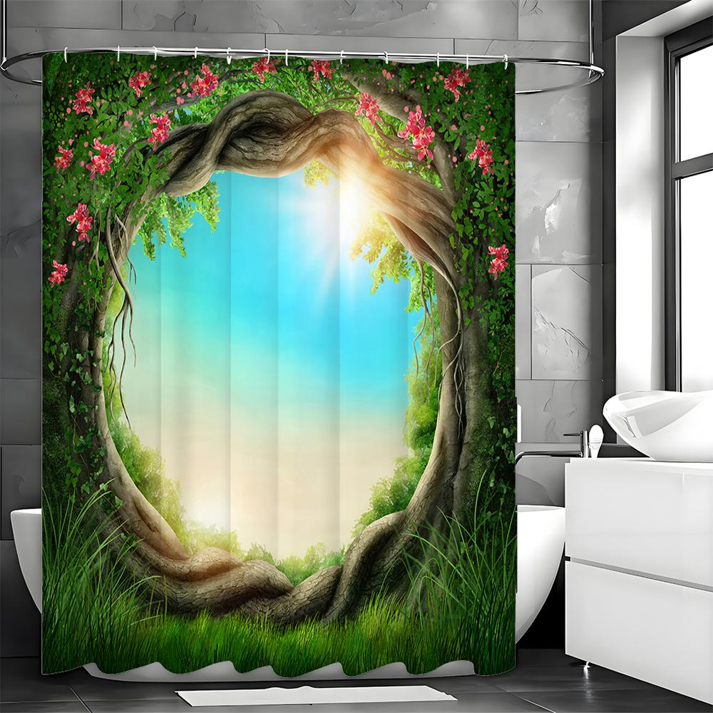 Tree Hole Tree Flower Plant Shower Curtain, Bathroom Decorative Shower Curtain, Waterproof Shower Curtain with Hooks