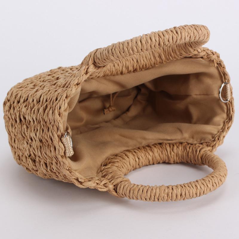 Bolsa semi-redonda simples e popular de palha trançada, bolsa de praia tecida à mão, bolsa mensageira de mão para viagem de férias