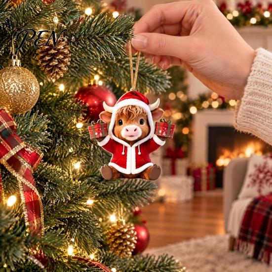 Animal Theme Christmas Tree Ornaments Wooden Highland Cow Ornament, 2D Cute Hanging Shape Decor with String, Farmhouse Holiday Party Decoration