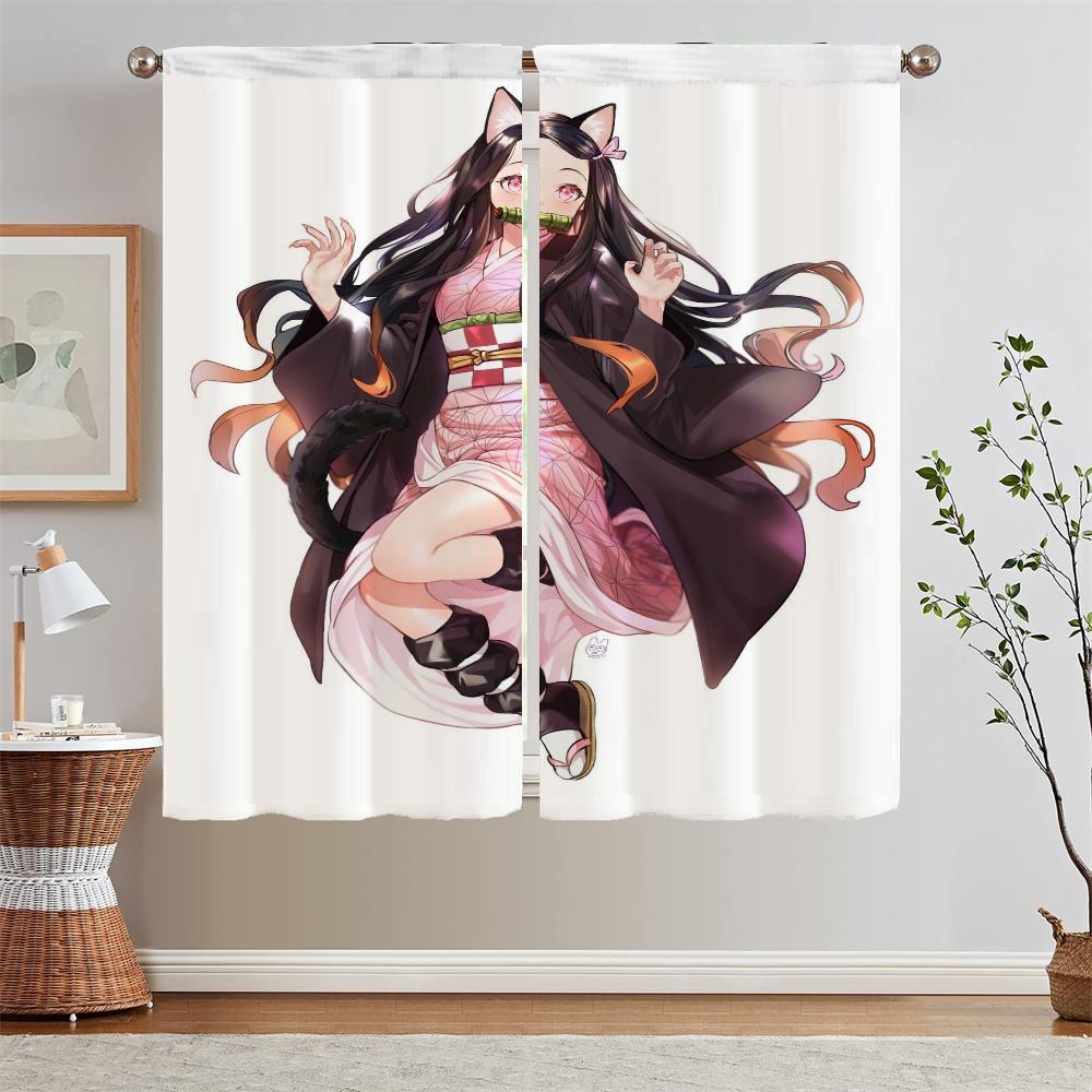 Nezuko Kamado Curtain Window Curtains for Living Room Decoration Curls Tulle In Kitchen Curtains 2 Pieces Window Blinds Blackout