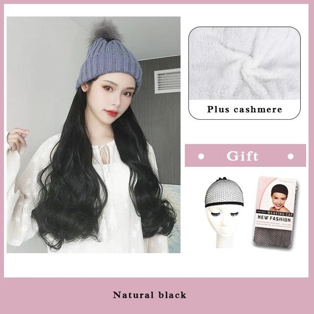 Wig Female Long Hair with Hat Wig One Female Summer Natural Full Head Style Fashion Net Red Trend Long Curly Hair