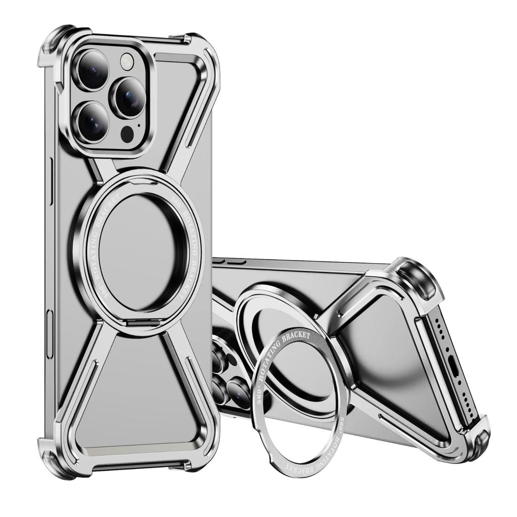 Titanium Metal Alloy Magnetic Phone Case For iPhone 13 14 15 Plus 16 Pro Max 360° Rotation Holder Frameless Protective Cover