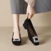 Square Head Single Shoes Women's Thick Heel Black Work Shoes Rhinestone Shallow Mouth High Heels Women